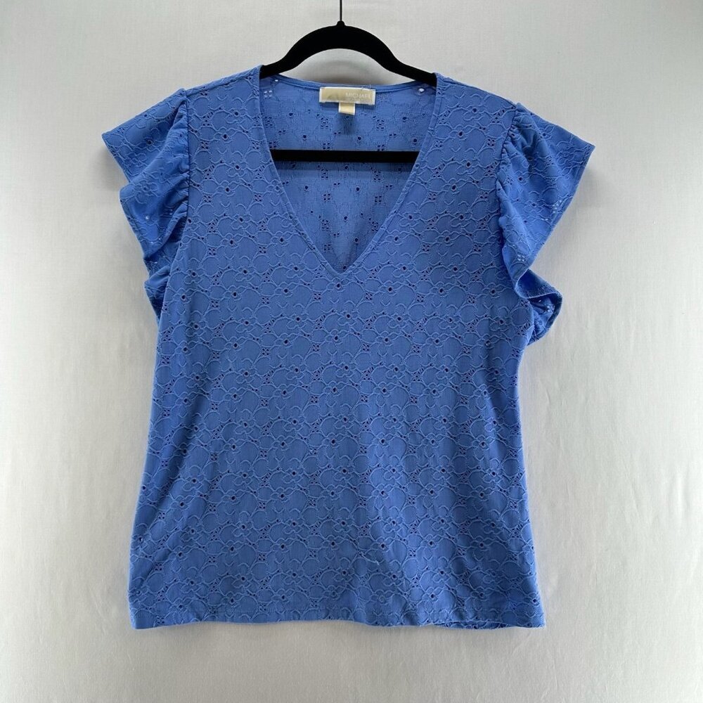 Michael Kors Floral Lace Eyelet Top Womens M V-Neck Ruffle Sleeve Pullover Blue